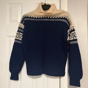 Vintage Nordic Knit Sweater Navy Cream Scandinavian Fisherman Pullovers